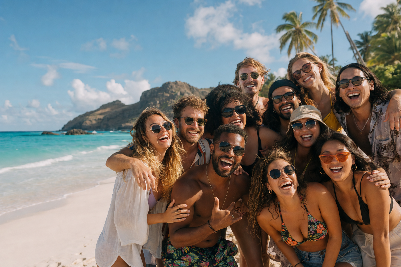 Grupo grande de amigos felizes em uma ilha paradisíaca